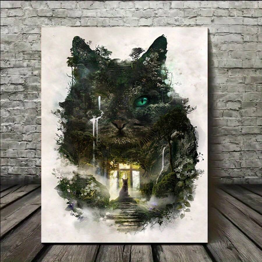 1pc Unique Soul Canvas Poster - Wooden Frame, Vibrant Scenery, Black Cat Print Artwork Printing - Waterproof And Odorless - Exquisite Gift For Wall Decoration, Adding Fun To Bedroom, Office, Bar, Living Room Walls, Perfect For Autumn Decoration - 黑色 - 查看 1