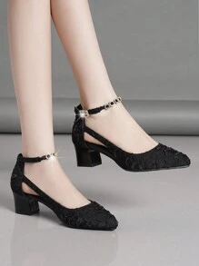 2025秋冬季高跟鞋，粗跟，单扣带，镶钻，情人节款，优雅高贵 - 黑色 - 查看 2