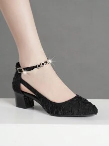 2025秋冬季高跟鞋，粗跟，单扣带，镶钻，情人节款，优雅高贵 - 黑色 - 查看 4