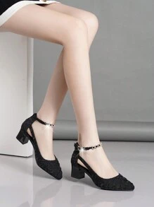 2025秋冬季高跟鞋，粗跟，单扣带，镶钻，情人节款，优雅高贵 - 黑色 - 查看 3