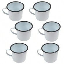 Set Of 6 White Enameled Mugs With Black Rim, Metal Capacity 50 Ml, Measures 4.5 Cm High X 5 Cm Wide, Retro Religious. - trắng - Xem 2