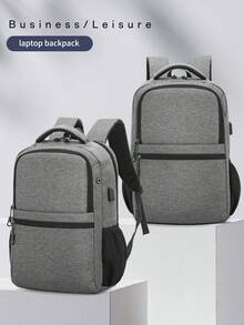 时尚男士纯色笔记本电脑背包，多功能大容量户外旅行功能背包，带 USB 充电端口的商务休闲通勤背包，适合初中、高中和大学生的校园书包 - 灰色 - 查看 5