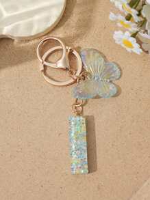 1pc Creative Keychain With Letter Stone Resin Pendant, Butterfly Tassel Letter Charm Keyring For Girls - White - View 15