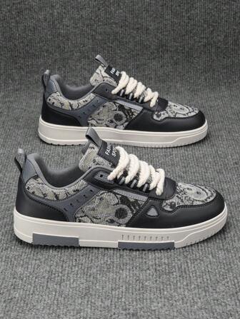 （小一码）男士随机印花系带前拼接低帮平底运动鞋，户外时尚街头风格休闲运动鞋