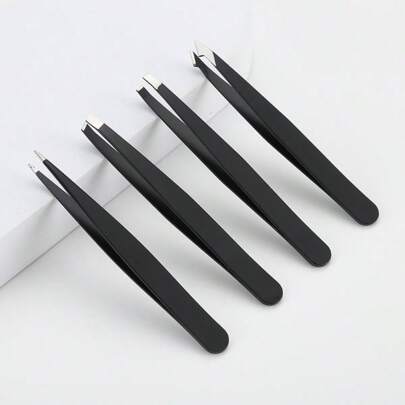 4pcs Regular Eyebrow Tweezers - Black Tweezer Head Hair Puller, Stainless Steel Slanted Black Eyebrow Clip, Small Slanted Tweezer Eyebrow Trimming Makeup Tool, Suitable For Men And Women, Flat Tip Tweezers