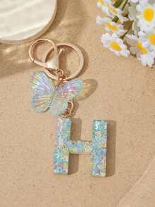 1pc Creative Keychain With Letter Stone Resin Pendant, Butterfly Tassel Letter Charm Keyring For Girls - White - View 16