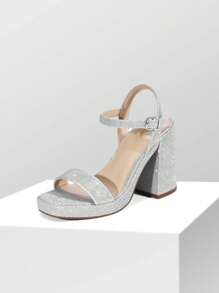 Women Chunky Heel Platform Sandals Open Toe Fashionable Ankle Strap Buckle Decor Heeled Sandals For Halloween Party Evening Prom Wedding - SILVER-GLITTER - View 3