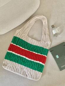 1 件条纹图案 Y2K 新款简约女士日常使用轻便手提包镂空包针织包钩针包沙滩包购物袋夏季书包适合毕业生、青少年、新生、二年级学生、三年级学生和四年级学生，适合大学、大学和高中，非常适合户外、旅行和返校休闲包 - 彩色 - 查看 3