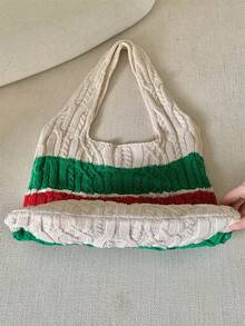 1 件条纹图案 Y2K 新款简约女士日常使用轻便手提包镂空包针织包钩针包沙滩包购物袋夏季书包适合毕业生、青少年、新生、二年级学生、三年级学生和四年级学生，适合大学、大学和高中，非常适合户外、旅行和返校休闲包 - 彩色 - 查看 8