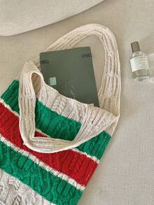 1 件条纹图案 Y2K 新款简约女士日常使用轻便手提包镂空包针织包钩针包沙滩包购物袋夏季书包适合毕业生、青少年、新生、二年级学生、三年级学生和四年级学生，适合大学、大学和高中，非常适合户外、旅行和返校休闲包 - 彩色 - 查看 5