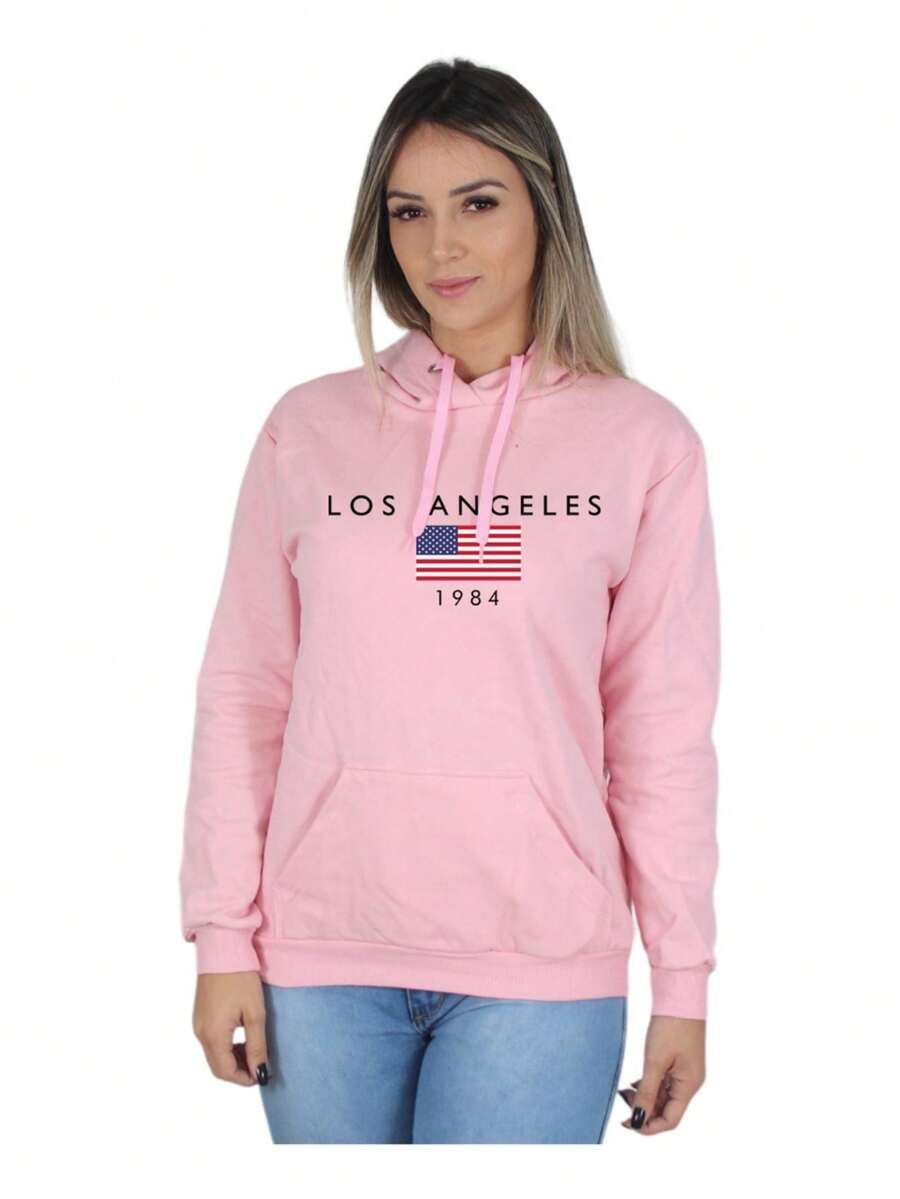 Women's Los Angeles Sweatshirt Casual Kangaroo Cold Weather Top - Màu Hoa hồng đỏ - Xem 1