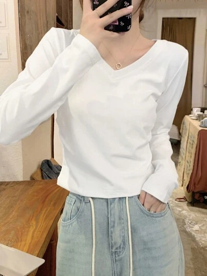 V领纯色长袖女式汗衫，百搭秋冬打底衫