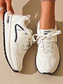 1 双女式休闲运动鞋，系带圆头轻便百搭软底防滑户外跑步鞋 - 蓝色、红色 - 藍色 - 查看 5