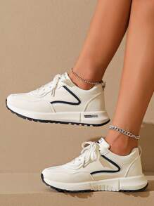 1 双女式休闲运动鞋，系带圆头轻便百搭软底防滑户外跑步鞋 - 蓝色、红色 - 藍色 - 查看 3