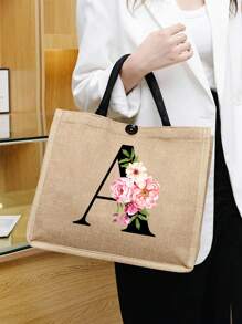 两件套，包含一个粉色花朵黑色字母亚麻手提包（可定制姓名首字母）和一个配套小包，简约优雅，可作为伴娘婚礼礼物、化妆包或旅行收纳包。 - 卡其色 - 查看 4