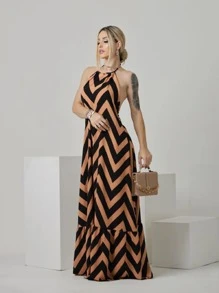 Women's Long Zig Zag Dress With One-Shoulder Straps - 鏽棕色 - 查看 2
