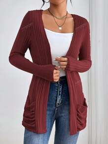 Plus Size Solid Color Cardigan With Pockets, Casual, Spring/Autumn