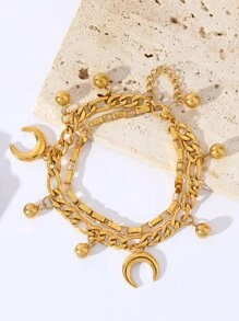 1pc Double-Layer Gold Ball & Moon Pendant Stainless Steel Bracelet For Women, Suitable For Daily Wear - Golden - View 3