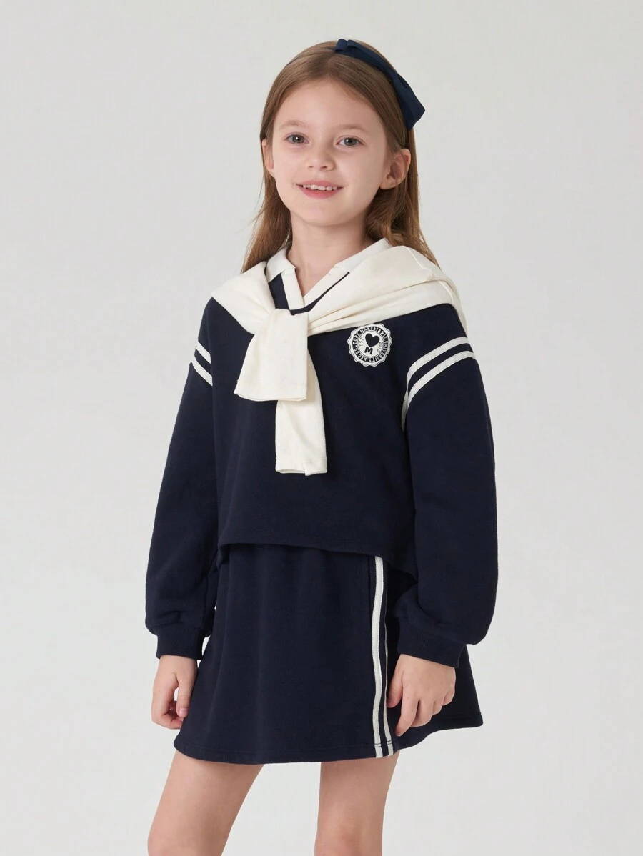 MARC&JANIE 1 件年轻女孩学院风撞色 Polo 领运动衫和 1 件保暖内衬运动裙套装，适合秋季 - 藏蓝色 - 查看 1