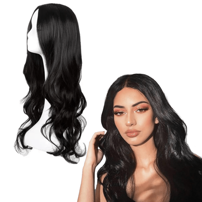 Peluca Sintética Peluca Larga Ondulada Negra Para Mujer,Peluca Negra Larga Ondulada Para Mujeres Pelucas Rizadas Con Flecos Aireados, Peluca Ondulada De Agua, Fibra Sintética Resistente Al Calor Para Uso Diario Y En Fiestas