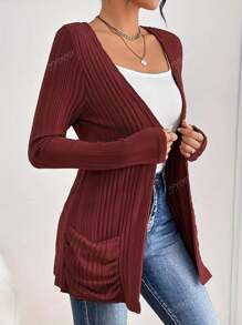 Plus Size Solid Color Cardigan With Pockets, Casual, Spring/Autumn