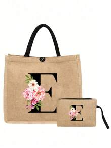 两件套，包含一个粉色花朵黑色字母亚麻手提包（可定制姓名首字母）和一个配套小包，简约优雅，可作为伴娘婚礼礼物、化妆包或旅行收纳包。 - 卡其色 - 查看 16