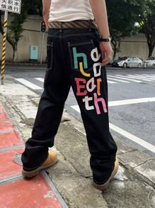 1pc Loose Fitting Colorful Letter Print Wide Leg Jeans For Men - Black - View 2