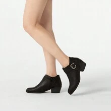 Women's Chunky Low Heel Ankle Boots, Classic Solid Color Buckle Strap & Side Zipper Booties