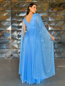 LONG DRESS FOR WEDDING, GODMOTHER, GRADUATION, PLEATED TULLE WITH SHINE, CAPES - 淺藍色 - 查看 2
