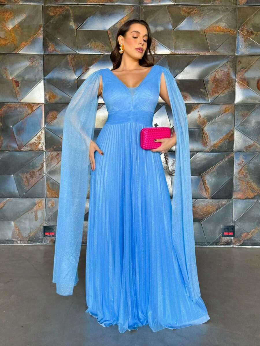 LONG DRESS FOR WEDDING, GODMOTHER, GRADUATION, PLEATED TULLE WITH SHINE, CAPES - 淺藍色 - 查看 1