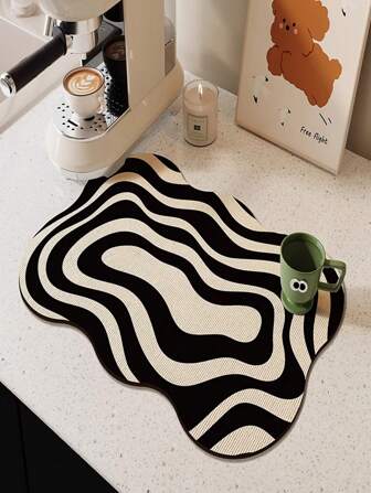 1 Piece Of Black And White Multifunctional Diatomite Mat, Absorbent And Wear-Resistant, Asymmetrical -Shaped Striped Dish Drying Mat, Kitchen Counter Drying Mat, Cup Mat, Coffee Mat, Pet Mat