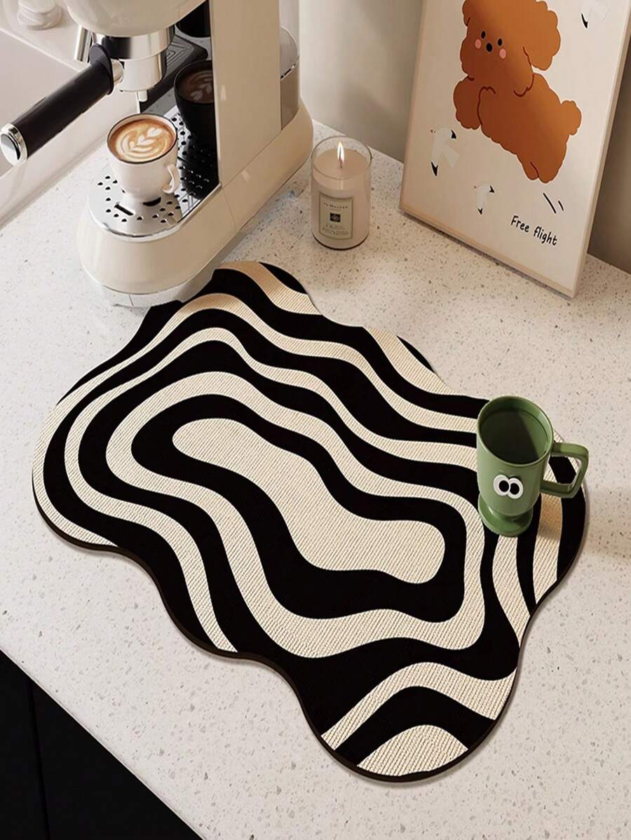 1 tấm thảm Diatomite đa năng màu đen trắng, khả năng thấm hút nước tốt, chống mài mòn, thiết kế sọc bất đối xứng, có thể dùng làm thảm phơi bát đĩa, thảm thoát nước mặt bàn bếp, đế lót ly, thảm cho thú cưng. - đen và trắng - Xem 1