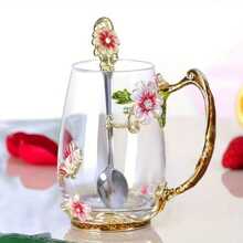 1件（1杯1勺）黛西咖啡杯水杯玻璃杯搪瓷勺早餐牛奶果汁杯（不带盖） - 彩色 - 查看 5