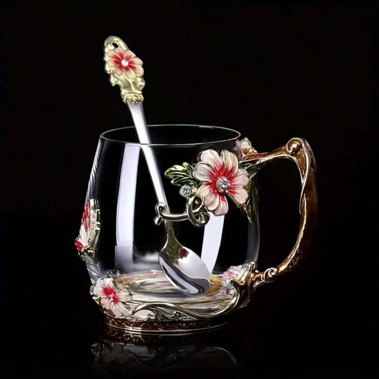 一套（1个杯子，1个勺子）雏菊咖啡杯、水杯、陶瓷勺、早餐牛奶/果汁杯（无盖） - 彩色 - 查看 4