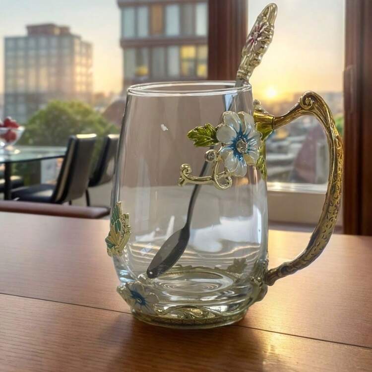 一套（1个杯子，1个勺子）雏菊咖啡杯、水杯、陶瓷勺、早餐牛奶/果汁杯（无盖） - 彩色 - 查看 7