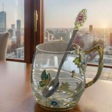 1件（1杯1勺）黛西咖啡杯水杯玻璃杯搪瓷勺早餐牛奶果汁杯（不带盖） - 彩色 - 查看 6