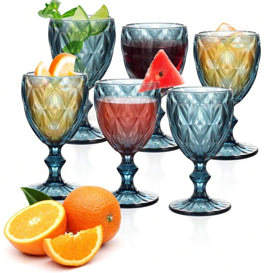 Juego de 6 copas de vino vintage, cristalería con relieve, vasos de cristal retro de 8oz para vino y agua, ideal para aniversario, fiesta, azul - Azul - Ver 1