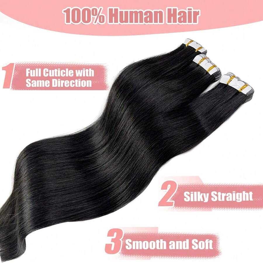 Straight Mini Tape In Human Hair Extensions 16-26inches 100% Natural Real Invisible Adhesive Tape Ins For Women - Natural Black - 查看 1