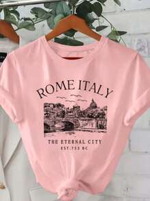Women's T-Shirt With Roman Italy Print - 粉色 - 查看 1
