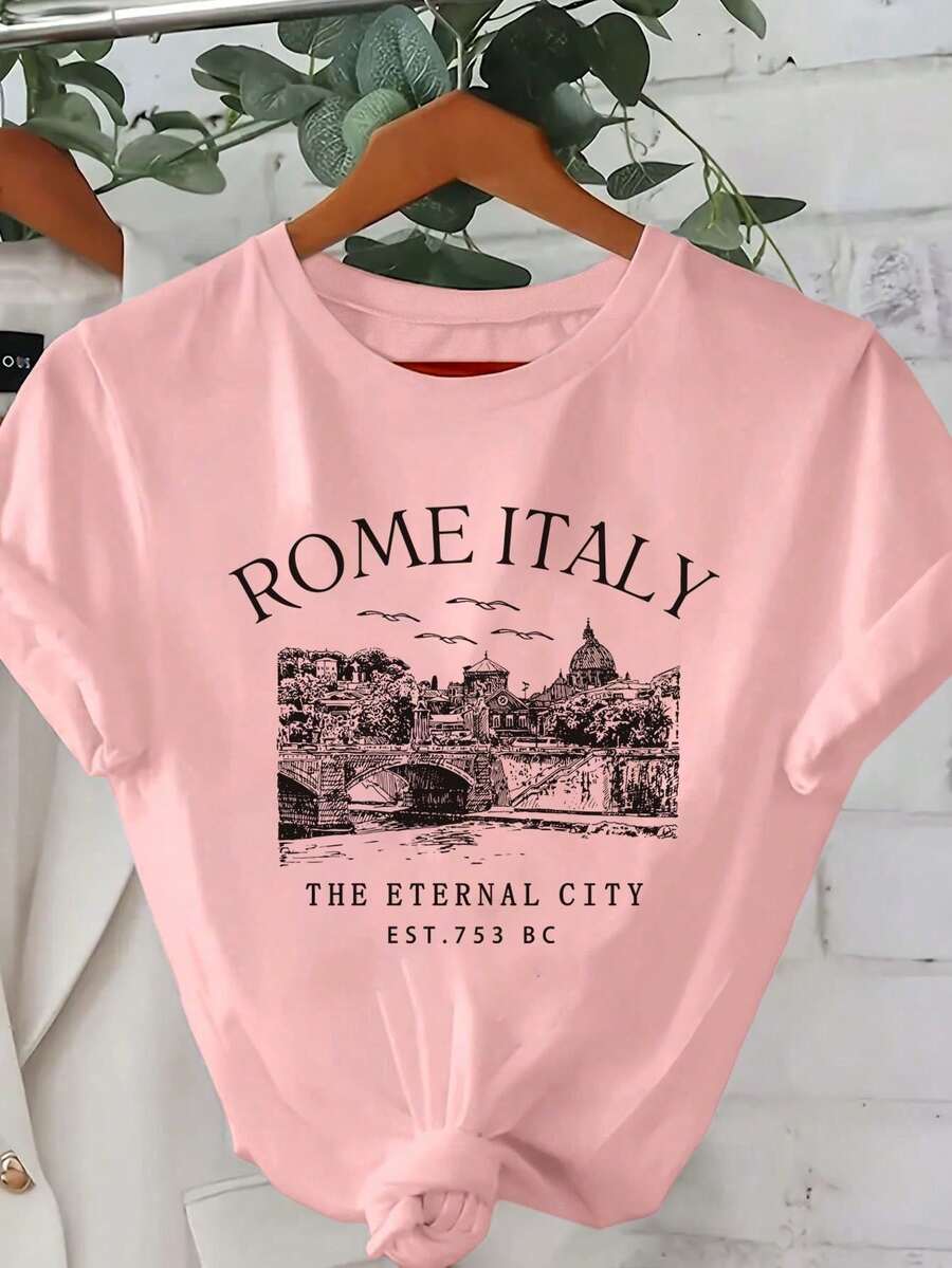 Women's T-Shirt With Roman Italy Print - 粉色 - 查看 1