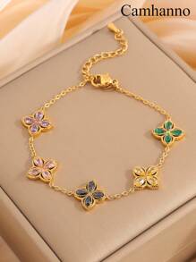 Camhanno 1 件轻奢时尚不锈钢四叶花百搭手链适合节日女友情人节