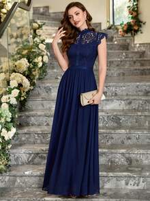 MIUSOL 緞帶蕾絲拼接雪紡長連衣裙 - 藏蓝色 - 查看 6