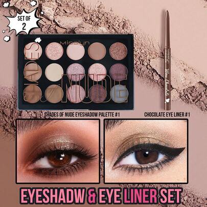 Misslyn 15色眼影01＆眼線筆套裝，防水，增容，構建厚實，豐滿的眉毛，色彩飽和的啞光和亮光色調，持久耐用，容易推開，顯色自然，天鵝絨質地豐富的色彩