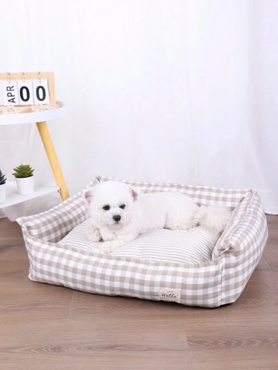 1pc Breathable Linen-Like Checkered Square Pet Bed, Removable & Washable, Suitable For Small Cats And Dogs, All Seasons