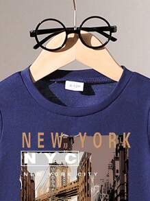 2 Packs Fashionable Baby Boy Letter Print Long Sleeve And Letter Print Trousers Set - Navy Blue - View 3