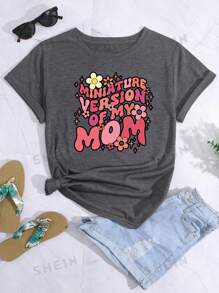 Tween Girl Casual Gray Round Neck Short Sleeve Printed T-Shirt, Summer Top - Dark Grey - View 1