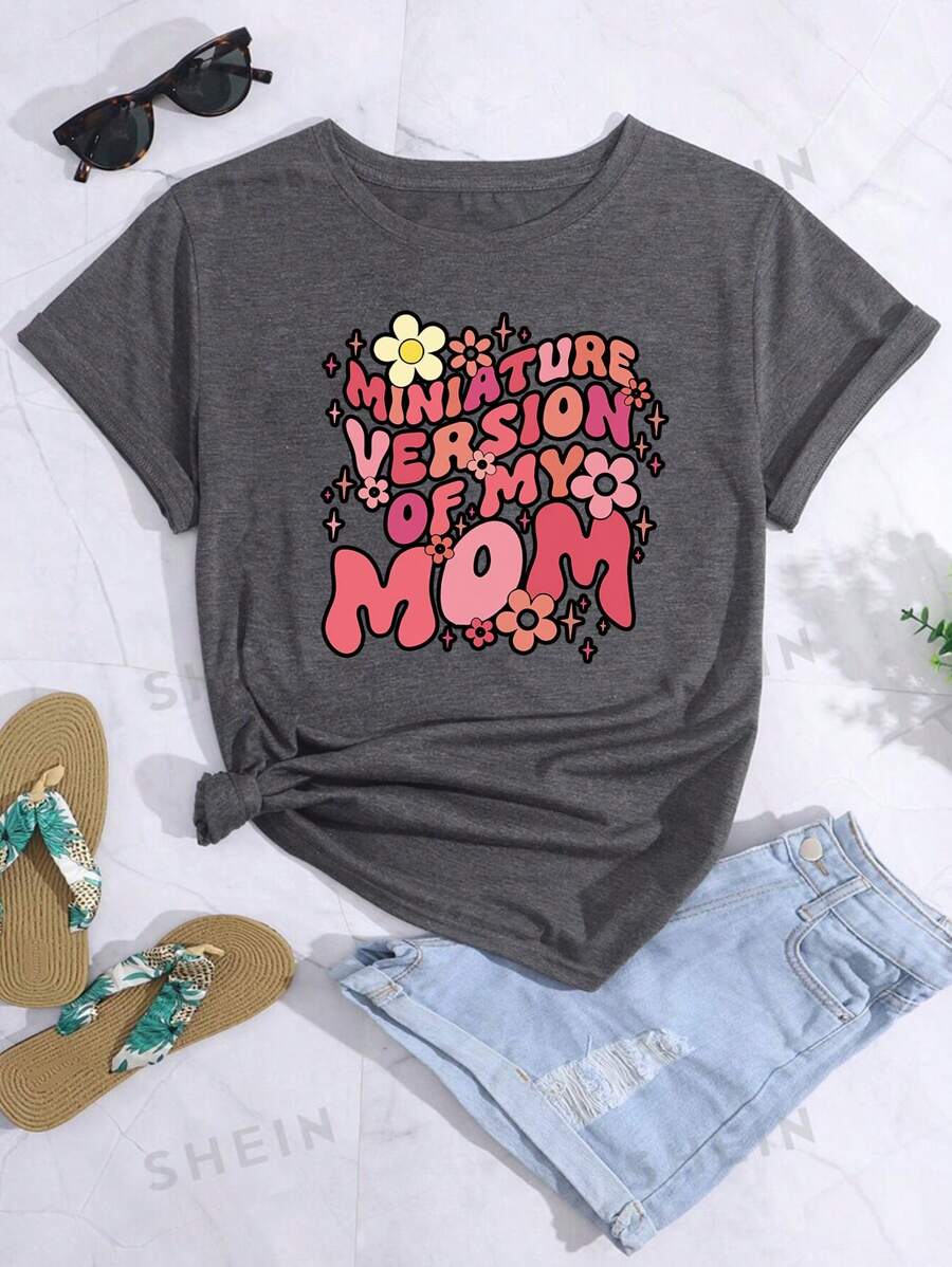 Tween Girl Casual Gray Round Neck Short Sleeve Printed T-Shirt, Summer Top - Dark Grey - View 1