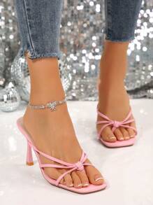 White Fairy-Style Square Toe Thin Heel Sandals For Women, Fashionable French Style Faux Leather High Heels, Flip Flops, Summer & Autumn, New Arrival - Pink - View 7