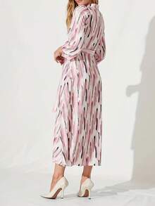 女士时尚印花长袖前系带连衣裙，优雅浪漫风格 - 淺粉色 - 查看 4