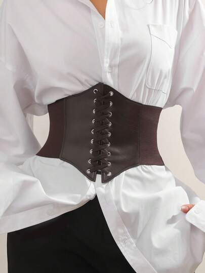 1 pieza Cinturón de cintura de color café retro con cordón, accesorio de disfraz de moda para mujeres, adecuado para fiestas, reuniones y ocasiones casuales, accesorios de cinturón de corsé de Halloween para damas, para vestido, estilo vaquero occidental, vaquera, país, vintage, marrón, cinturón de corsé para vestido, entrenador de cintura para adelgazamiento de cintura y control del abdomen